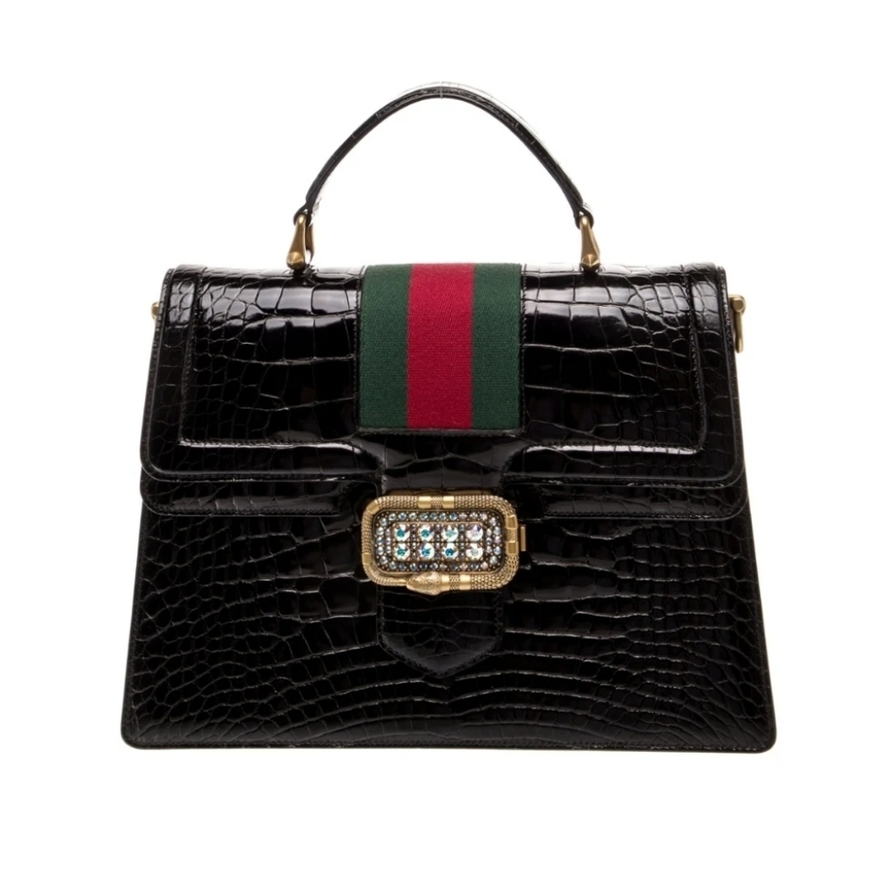 Gucci Web Top Handle Bag Medium Black Crocodile - Picture 2 of 6